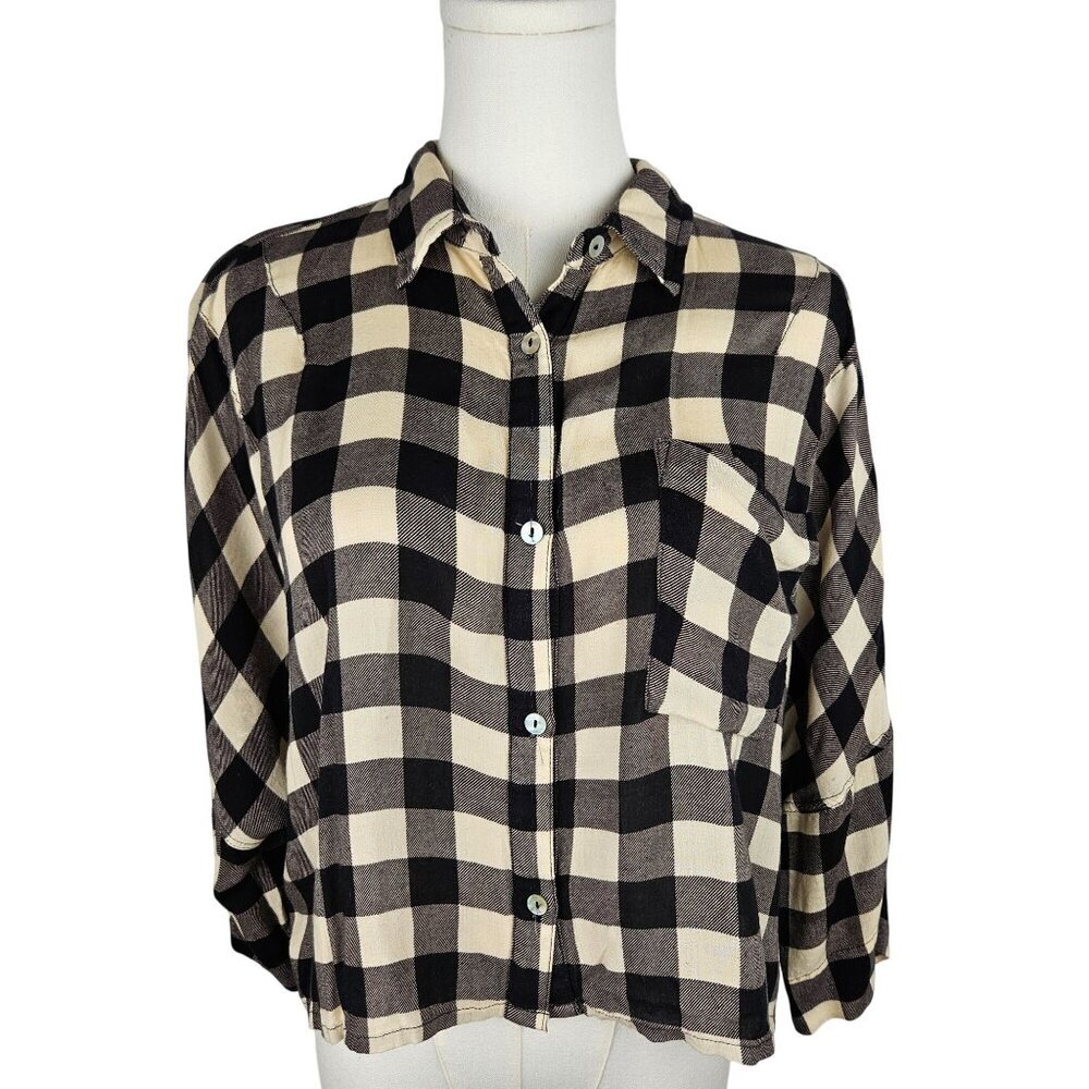 POL Crop Shirt Large Black Cream Plaid Flannel Button-Up‎ Gorpcore Cabincore